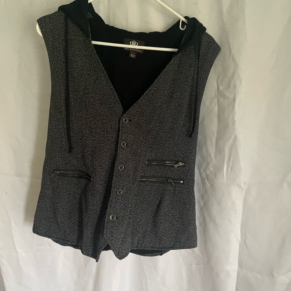 Black & Gray Hooded Vest with Zipper Pockets